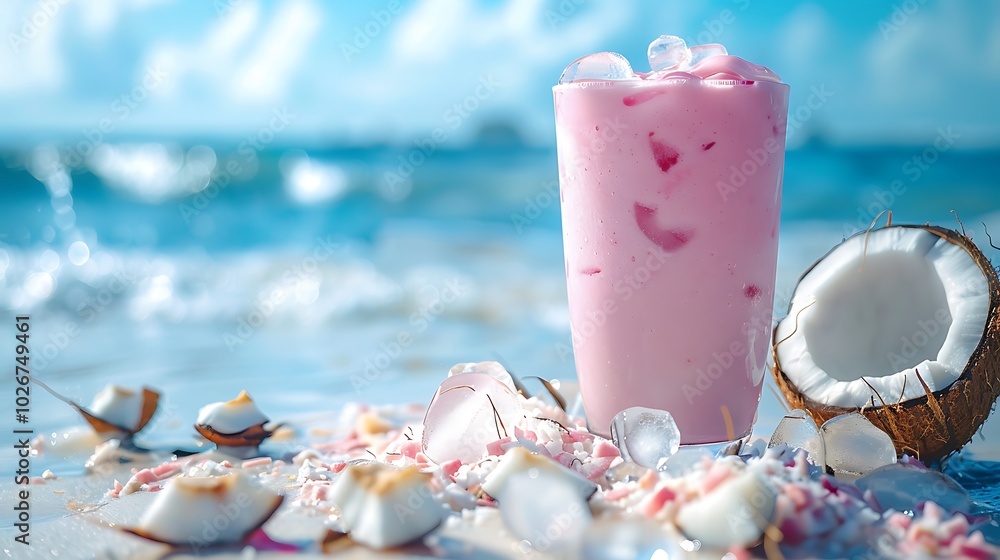By the seashore a pink coconut smoothie with ice and chunks of coconut By the seashore a pink coconut smoothie with ice and chunks of coconut