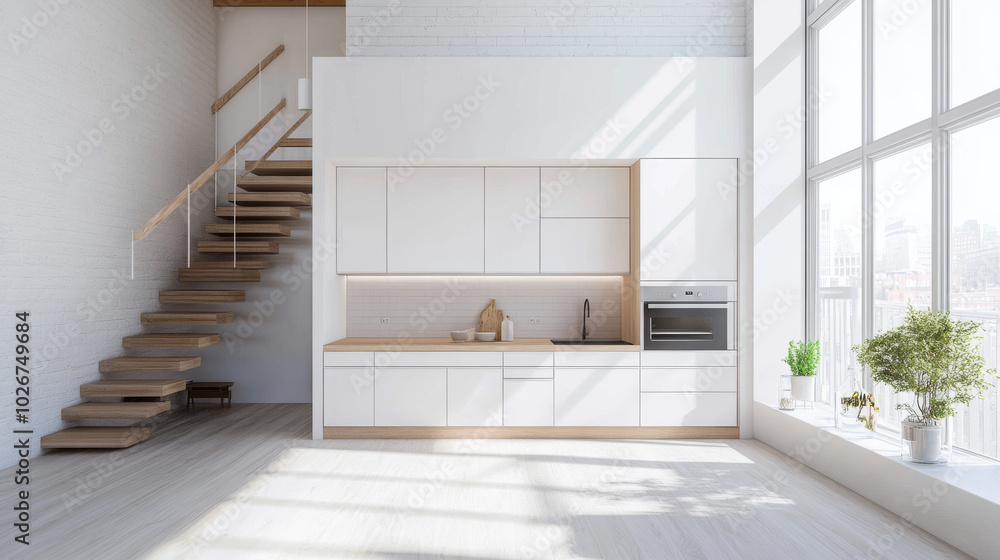 A simple, white kitchen with wooden cabinets in a loft apartment with stairs. It has a classic Scandinavian style, and it's a 3D design. A simple, white kitchen with wooden cabinets in a loft apartment with stairs. It has a classic Scandinavian style, and it's a 3D design.