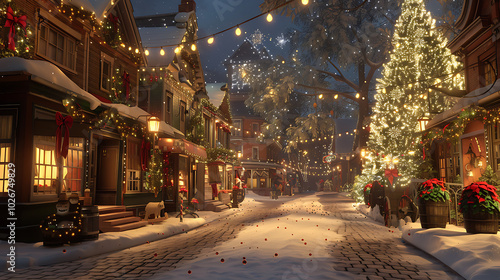 a charming, snow-covered street at night, adorned with festive Christmas decorations