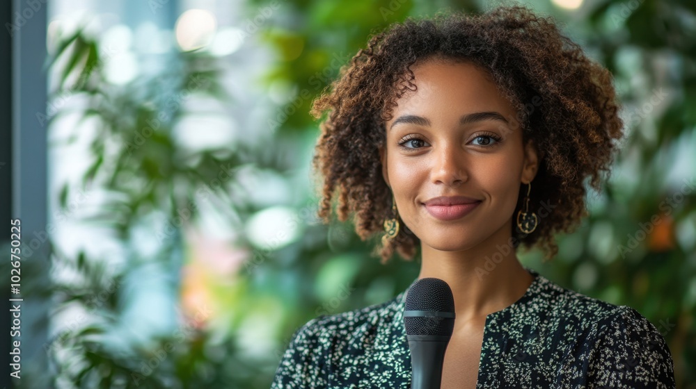 Professional woman conducting a workshop with a microphone in a bright modern office, clean composition with ample copy space Professional woman conducting a workshop with a microphone in a bright modern office, clean composition with ample copy space