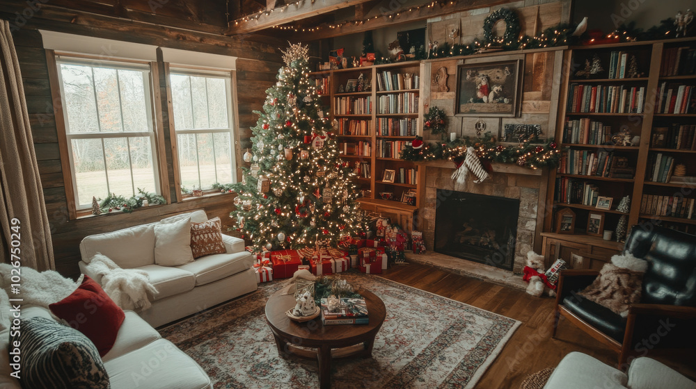 A cozy farmhouse living room with a beautifully decorated Christmas tree. The room features a book library and is perfect for festive gatherings. A cozy farmhouse living room with a beautifully decorated Christmas tree. The room features a book library and is perfect for festive gatherings.