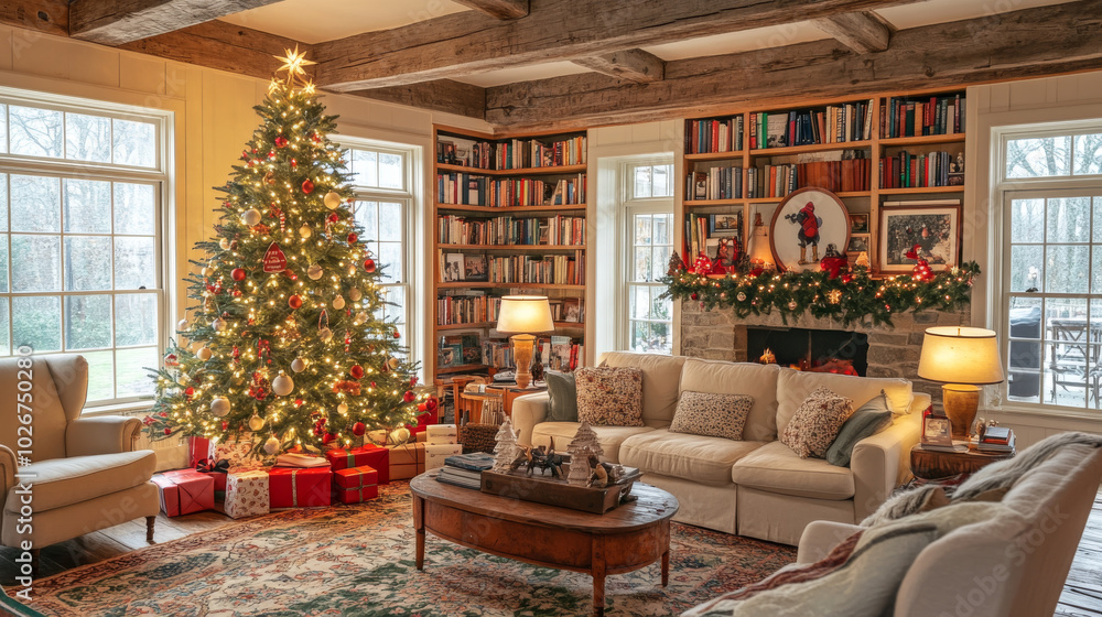 A cozy farmhouse living room with a beautifully decorated Christmas tree. The room features a book library and is perfect for festive gatherings. A cozy farmhouse living room with a beautifully decorated Christmas tree. The room features a book library and is perfect for festive gatherings.