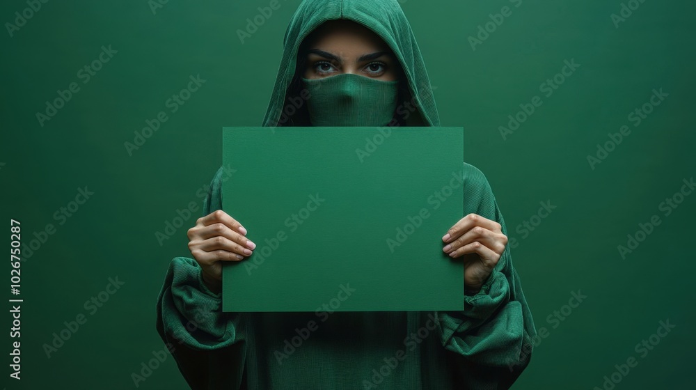 An person with covered face in green hooded sweatshirt, holding a blank green sign, on plain green background, solid hues An person with covered face in green hooded sweatshirt, holding a blank green sign, on plain green background, solid hues