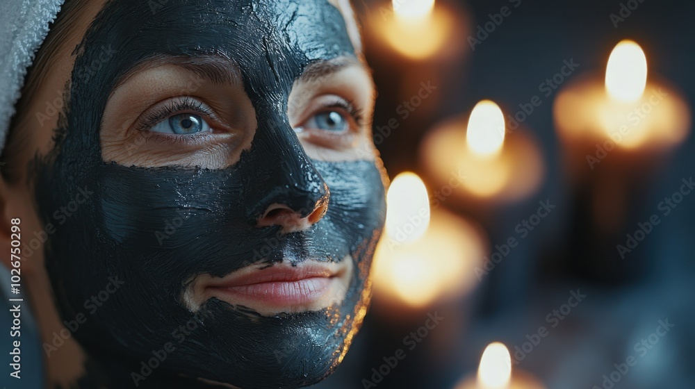 Middle aged Woman with a charcoal face mask, focus on the mask texture and her expression, relaxing atmosphere with candles around. Middle aged Woman with a charcoal face mask, focus on the mask texture and her expression, relaxing atmosphere with candles around.