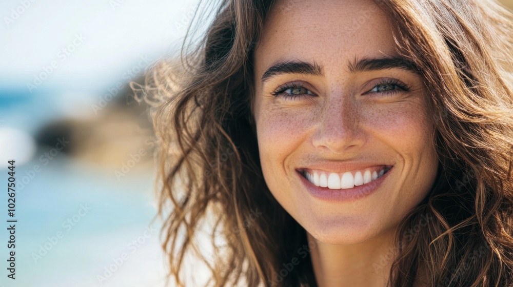 Close up of a smiling woman with wavy hair at the seaside, minimal background with copy space focusing on her expression. Close up of a smiling woman with wavy hair at the seaside, minimal background with copy space focusing on her expression.