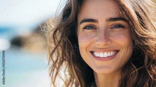 Close up of a smiling woman with wavy hair at the seaside, minimal background with copy space focusing on her expression.