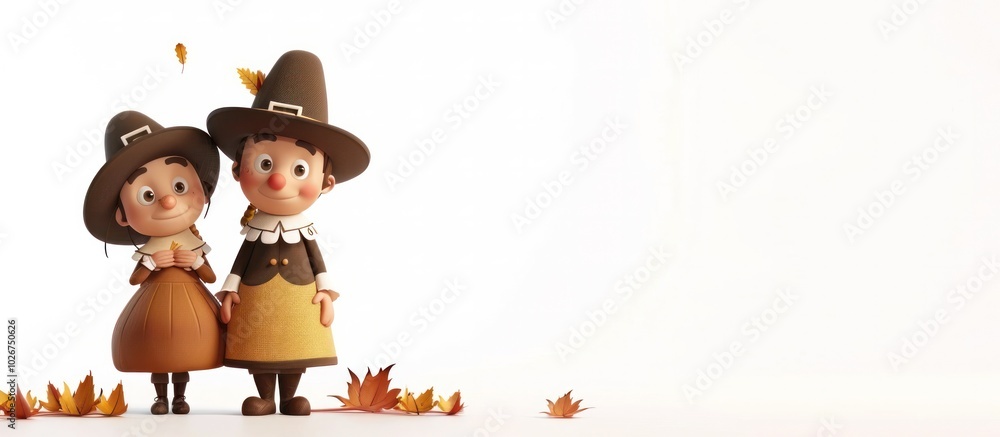 Fototapeta premium Adorable pilgrim children a boy and a girl dressed in traditional pilgrim costumes including hats exploring an autumn forest with colorful falling leaves surrounding them Whimsical playful