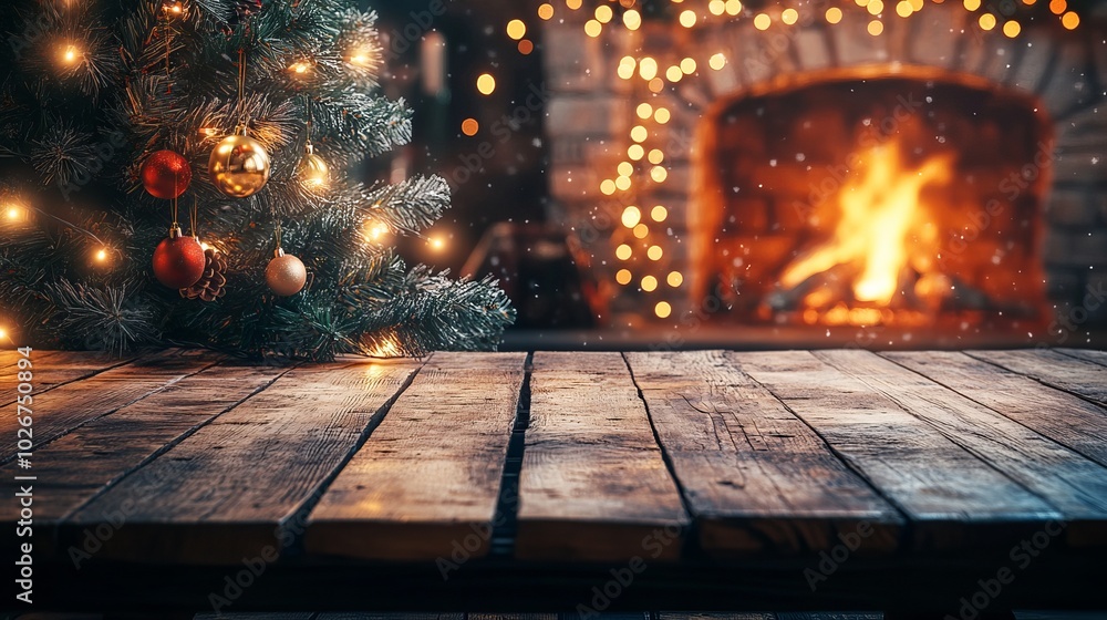 Stylish wooden table sits in front of a Christmas tree with lights and a burning fireplace. This festive backdrop is perfect for showcasing products with plenty of copy space. Stylish wooden table sits in front of a Christmas tree with lights and a burning fireplace. This festive backdrop is perfect for showcasing products with plenty of copy space.