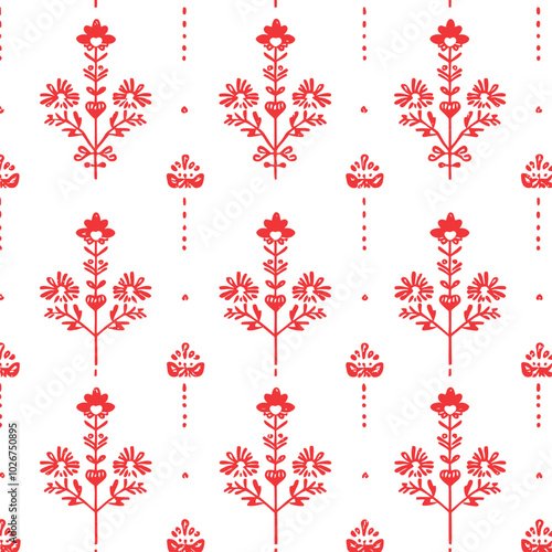 This red brush texture has a seamless pattern. Naive or childish art style. Pattern has a traditional folk Vyshyvanka design. Ideal for wallpaper, wrapping paper, backgrounds on websites, greeting