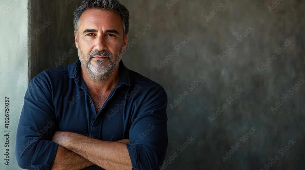 Mature man posing confidently with arms crossed, leaning on a wall, clean and minimalistic image with copy space. Mature man posing confidently with arms crossed, leaning on a wall, clean and minimalistic image with copy space.