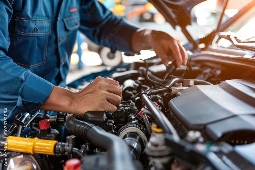 Professional Mechanic Working on Car Engine for Auto Repair Services Promotion Professional Mechanic Working on Car Engine for Auto Repair Services Promotion