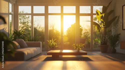 A modern living room with a minimalist design. It's bright and sunny with big windows that offer a beautiful sunset view. This is a 3D illustration.