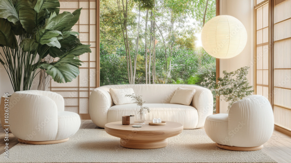A modern living room with white and beige furniture, plants, and decorations. The room has a light Japanese lamp and a view of nature. A modern living room with white and beige furniture, plants, and decorations. The room has a light Japanese lamp and a view of nature.