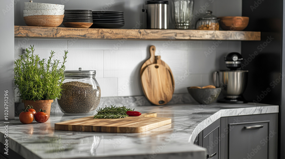 This kitchen design features a simple gray backdrop, showcasing elegant marble and granite countertops, a rustic wooden plank, a practical cutting board, and charming rosemary and pepper accents. This kitchen design features a simple gray backdrop, showcasing elegant marble and granite countertops, a rustic wooden plank, a practical cutting board, and charming rosemary and pepper accents.