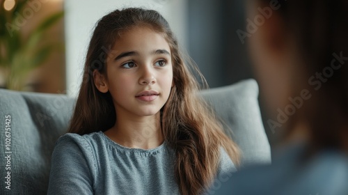 Close up of a teenage girl sitting on an armchair, talking during a psychotherapy session, blurred background with ample copy space.