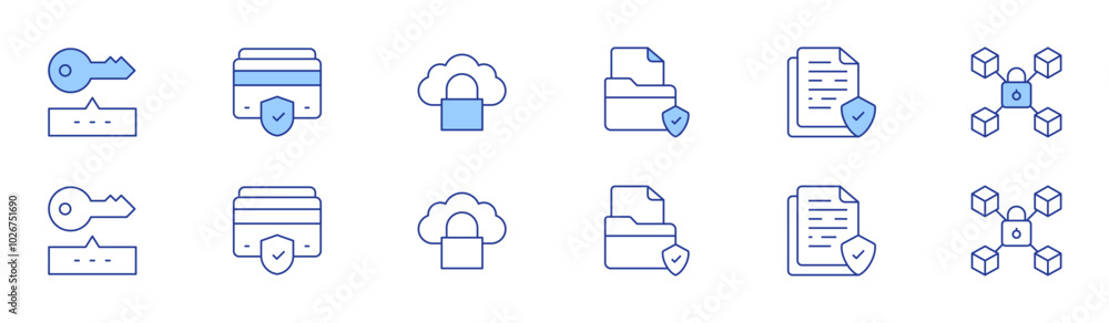 Security icon set in two styles, Duotone and Thin Line style. Editable stroke. password, document, secure payment, protected, cloud, lock Security icon set in two styles, Duotone and Thin Line style. Editable stroke. password, document, secure payment, protected, cloud, lock