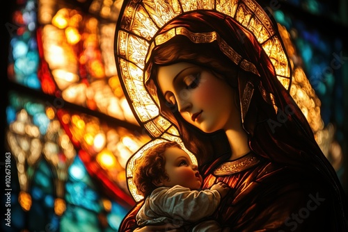 Close-up of Mary and baby Jesus, Christmas theme, painted stained glass