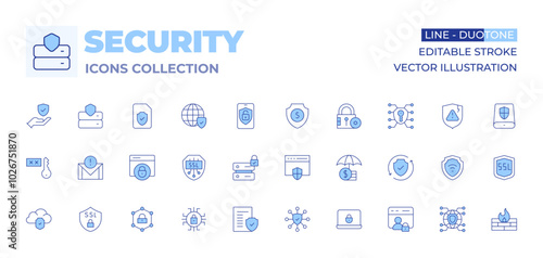 Security icons collection. Line Duotone style, editable stroke. ensure, access, security, browser, legal document, data security, email, insurance, ssl, account, cloud computing, network