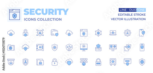 Security icons collection. Line Duotone style, editable stroke. firewall, secure folder, lock, cctv, personal security, cloud storage, security box, cloud, confidential, digital security, antivirus