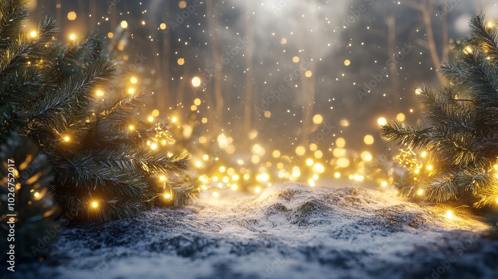 Naklejka premium Twinkling lights and evergreen branches create a festive Christmas atmosphere. Perfect for holiday cards or as a backdrop for ads.