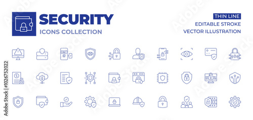 Security icons collection. Thin Line icons, editable stroke. unsecured loan, lock, shield, wallet, settings, insurance, hand, web security, legal document, cyber, security