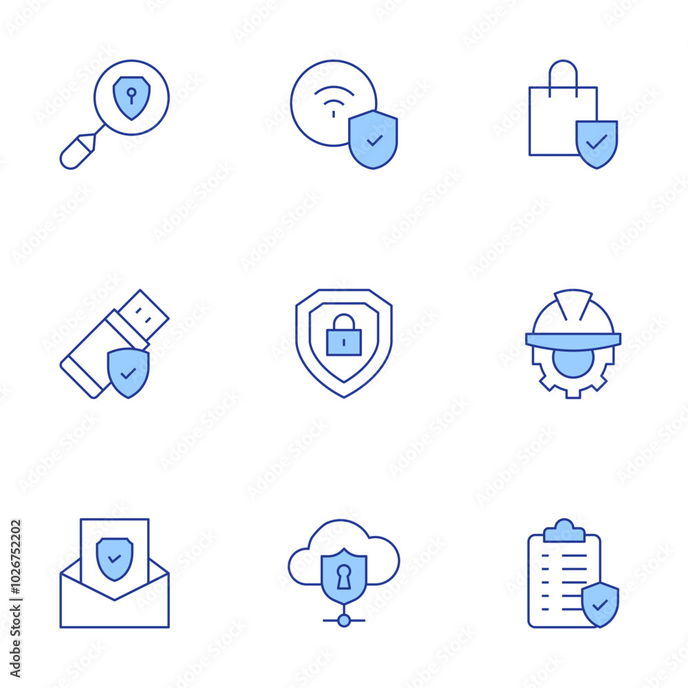 Security icons set. Line Duotone style, editable stroke. usb, shopping online, protected, engineering, security, prevention, lock, wifi Security icons set. Line Duotone style, editable stroke. usb, shopping online, protected, engineering, security, prevention, lock, wifi
