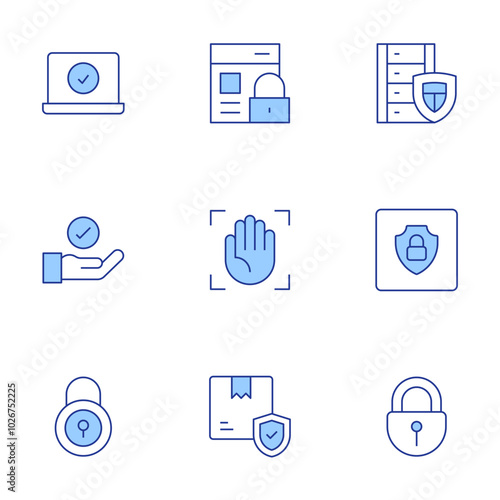 Security icons set. Line Duotone style, editable stroke. web security, data, hand, box, palm, check, online security, security, lock