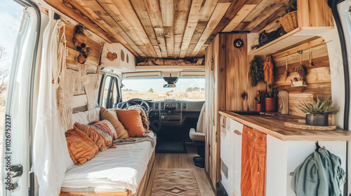 Cozy camper van interior with wood paneling, boho decor, and comfy couch for road trips