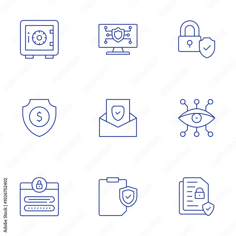 Security icons set. Thin Line style, editable stroke. padlock, cyber, data security, safe deposit, cyber security, shield, protected, log in, clipboard Security icons set. Thin Line style, editable stroke. padlock, cyber, data security, safe deposit, cyber security, shield, protected, log in, clipboard