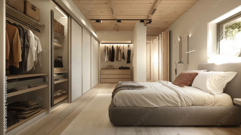 A simple, stylish bedroom with a spacious walk-in closet. A simple, stylish bedroom with a spacious walk-in closet.