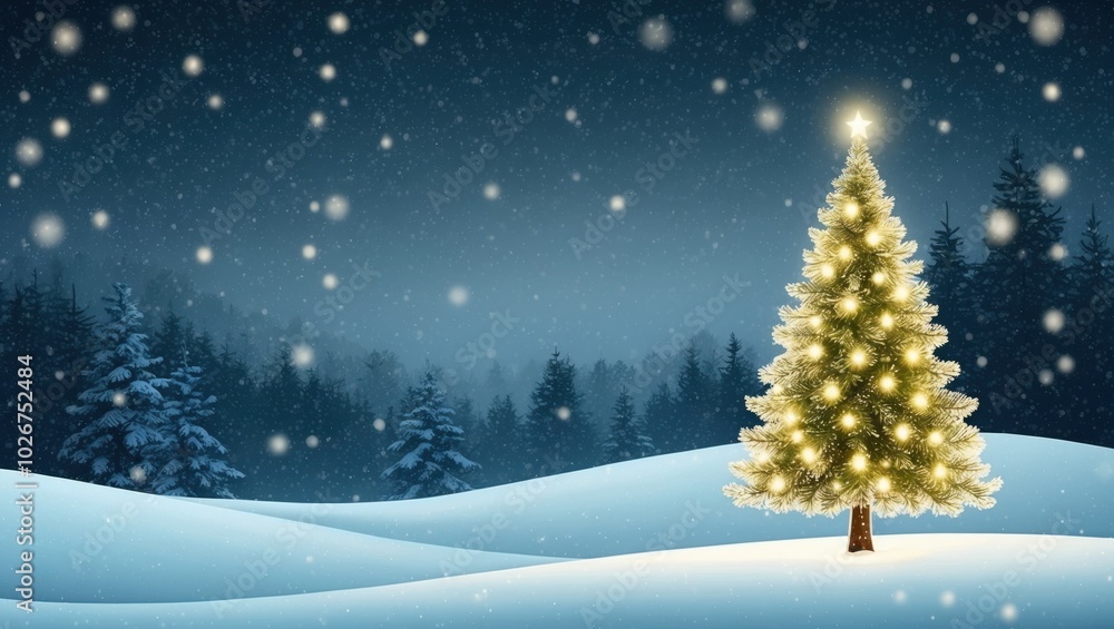 A beautifully lit Christmas tree stands in a snowy landscape under a starry night sky in winter A beautifully lit Christmas tree stands in a snowy landscape under a starry night sky in winter