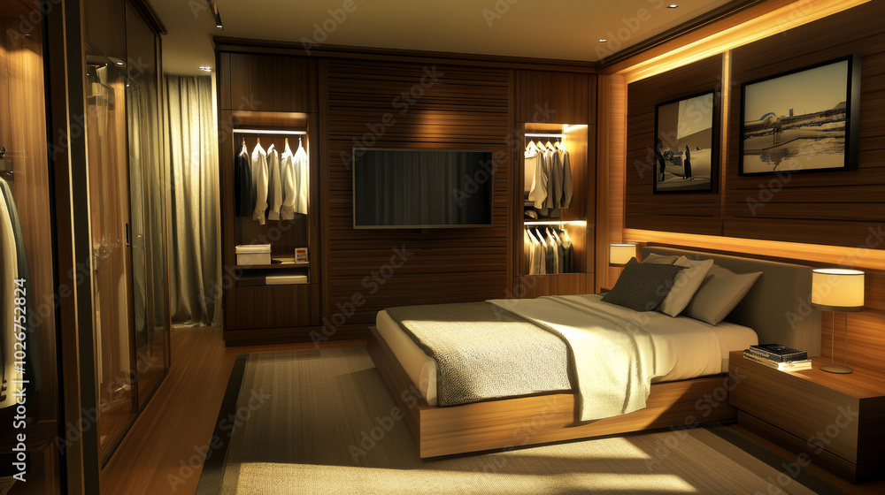 A stylish bedroom with a modern closet, decorative lights, and a wood-paneled TV wall. This is a computer-generated image. A stylish bedroom with a modern closet, decorative lights, and a wood-paneled TV wall. This is a computer-generated image.