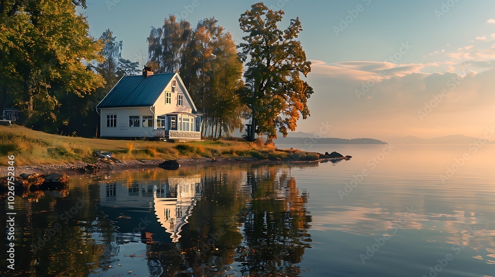 Fototapeta premium Charming little vacation house by the shore with a reflection