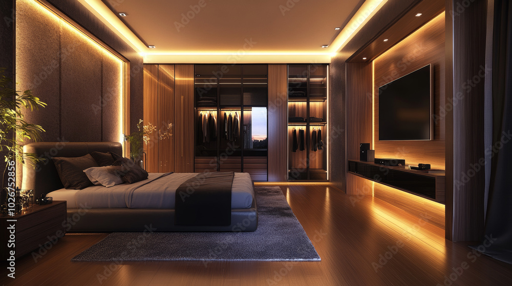 A stylish bedroom with a modern closet, decorative lights, and a wood-paneled TV wall. This is a computer-generated image. A stylish bedroom with a modern closet, decorative lights, and a wood-paneled TV wall. This is a computer-generated image.