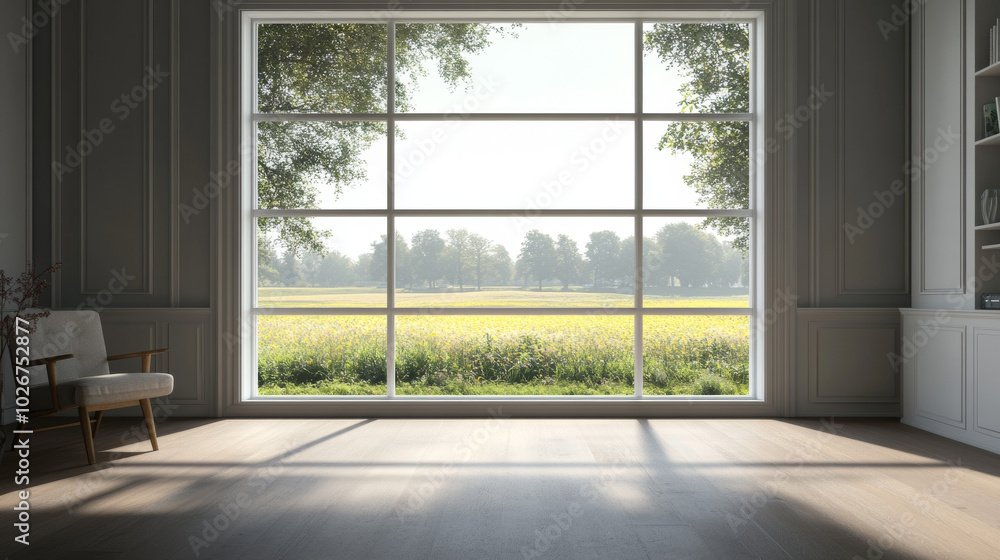 A large window offers a beautiful view of a meadow. The room is simple and empty, with classic furniture in the background. This is a 3D image. A large window offers a beautiful view of a meadow. The room is simple and empty, with classic furniture in the background. This is a 3D image.