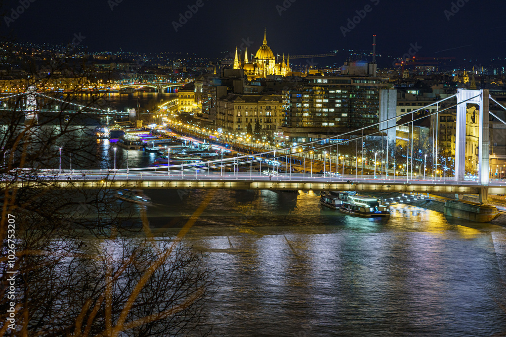 Obraz premium Detail of Budapest skyline, Elizabeth Bridge, Szechenyi Chain Bridge, Parliament Building, with Danube River, night, telephoto lens