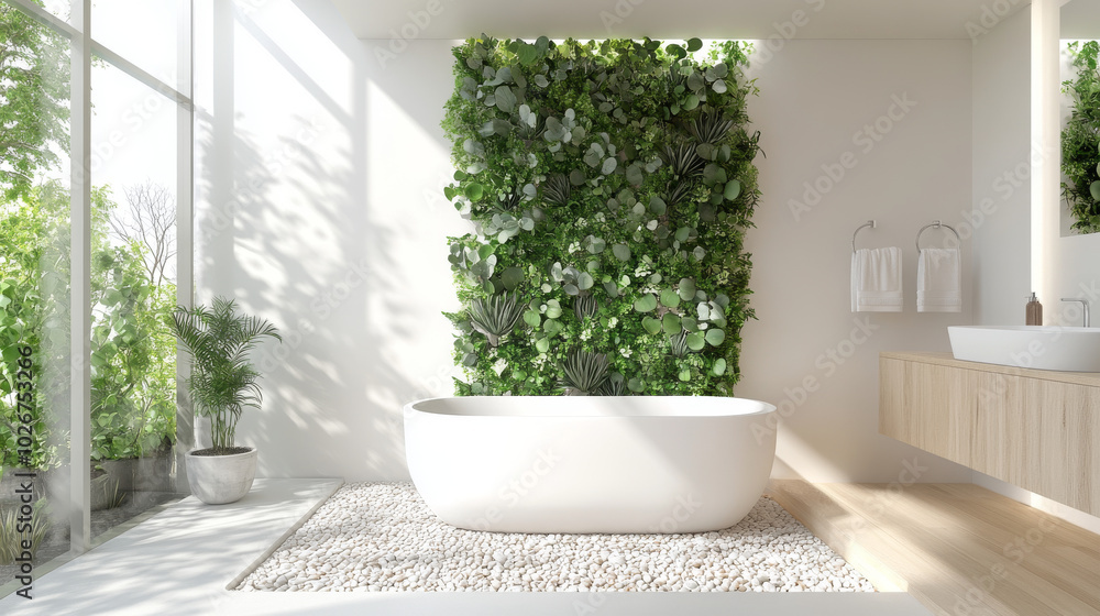 A simple, white bathroom with a vertical garden featuring succulents. The floor is made of wood and pebbles. It has a modern, spa-like feel, perfect for a hotel. A simple, white bathroom with a vertical garden featuring succulents. The floor is made of wood and pebbles. It has a modern, spa-like feel, perfect for a hotel.
