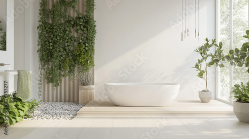 A simple, white bathroom with a vertical garden featuring succulents. The floor is made of wood and pebbles. It has a modern, spa-like feel, perfect for a hotel.