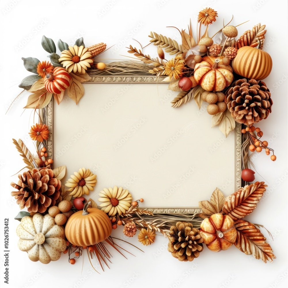 Autumn harvest seasonal frame with pumpkins gourds pinecones leaves and other natural elements Cozy rustic and warm fall themed arrangement in a decorative border Autumn harvest seasonal frame with pumpkins gourds pinecones leaves and other natural elements Cozy rustic and warm fall themed arrangement in a decorative border