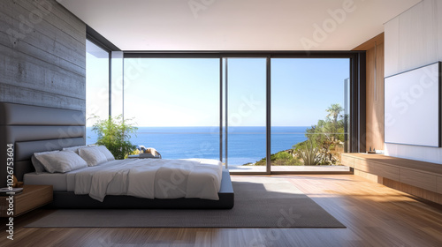 A modern room with a large window offering a stunning sea view. The room has a balcony and wooden floors.