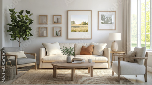 A 3D picture of a farmhouse living room with a simple frame on the wall.