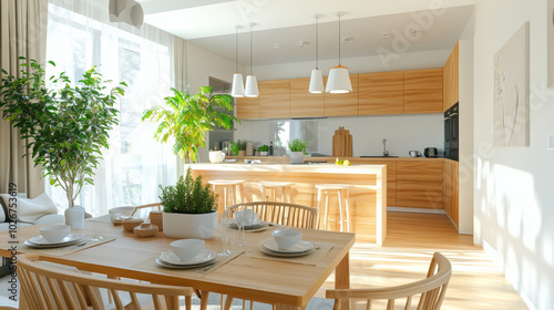 A modern, minimalist apartment with Scandinavian style.The bright space combines a living room,kitchen, and dining area.It features a wooden kitchen with an island,greenery,and a table set for a meal.