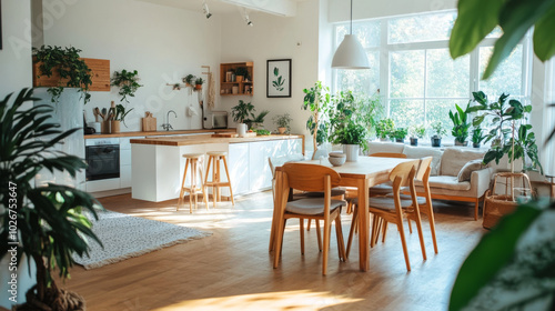 A modern, minimalist apartment with Scandinavian style.The bright space combines a living room,kitchen, and dining area.It features a wooden kitchen with an island,greenery,and a table set for a meal.