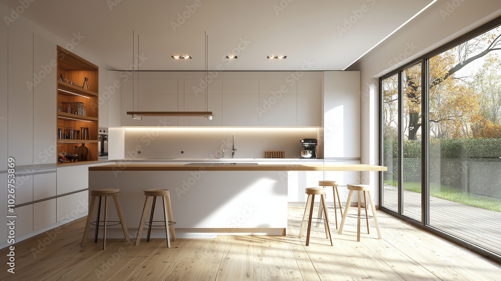 A modern kitchen with a simple white design, warm wood accents, and a beautiful wood floor. A modern kitchen with a simple white design, warm wood accents, and a beautiful wood floor.