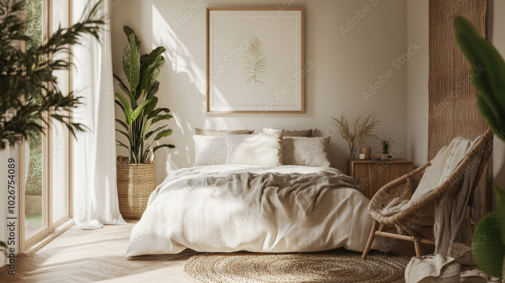 A bedroom with a simple poster frame, designed in a Scandinavian style. The image is a 3D rendering. A bedroom with a simple poster frame, designed in a Scandinavian style. The image is a 3D rendering.