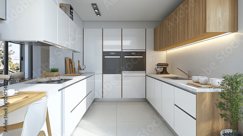 A clean, white kitchen with wooden accents. The design is simple and modern, created using 3D graphics.