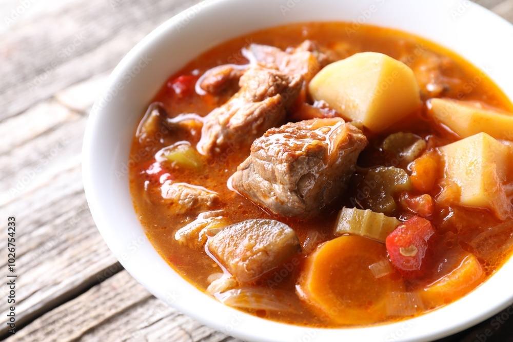 Delicious stew with vegetables in bowl on wooden table, closeup Delicious stew with vegetables in bowl on wooden table, closeup