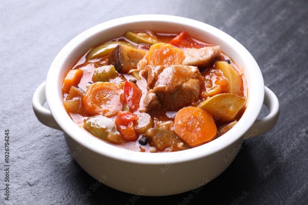 Delicious stew with vegetables in bowl on gray textured table, closeup Delicious stew with vegetables in bowl on gray textured table, closeup