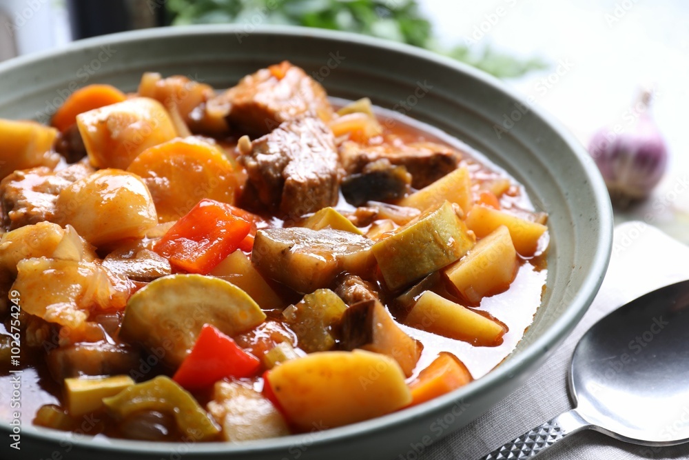 Delicious stew with vegetables in bowl and spoon on table, closeup Delicious stew with vegetables in bowl and spoon on table, closeup