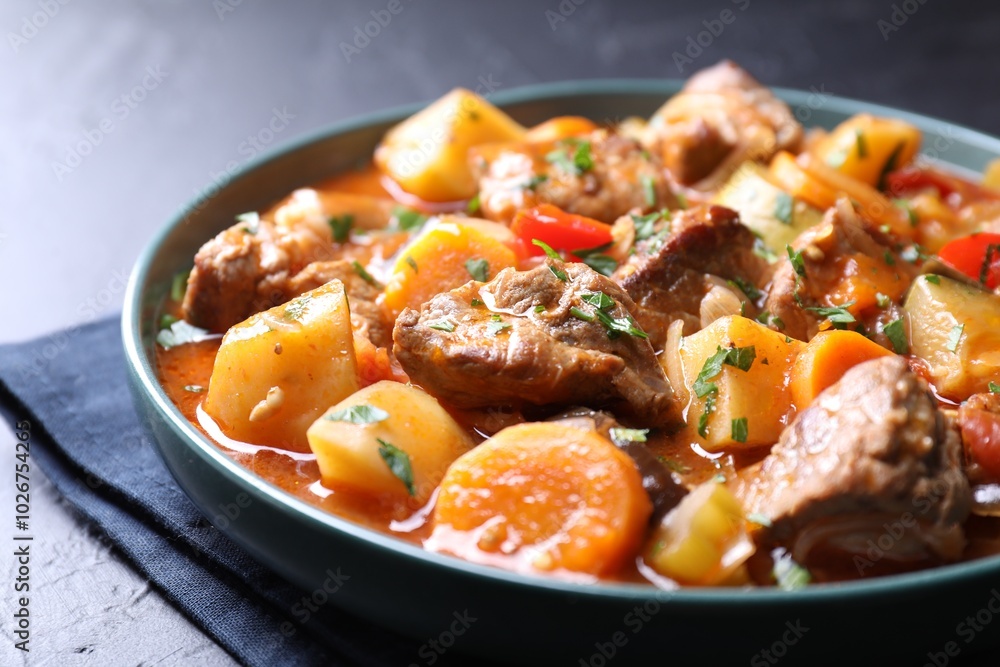 Delicious stew with vegetables on table, closeup Delicious stew with vegetables on table, closeup